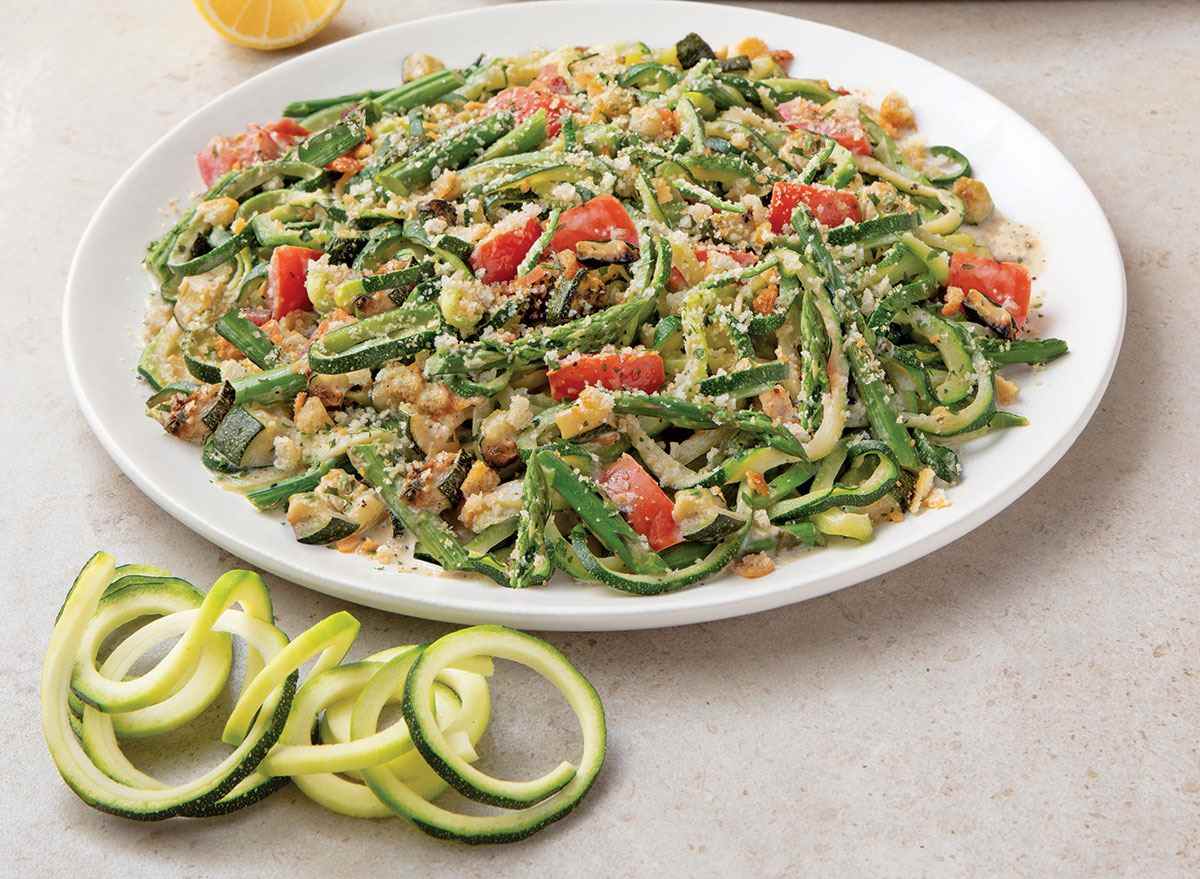 zucchini and asparagus with lemon sauce and zucchini spirals noodles world kitchen