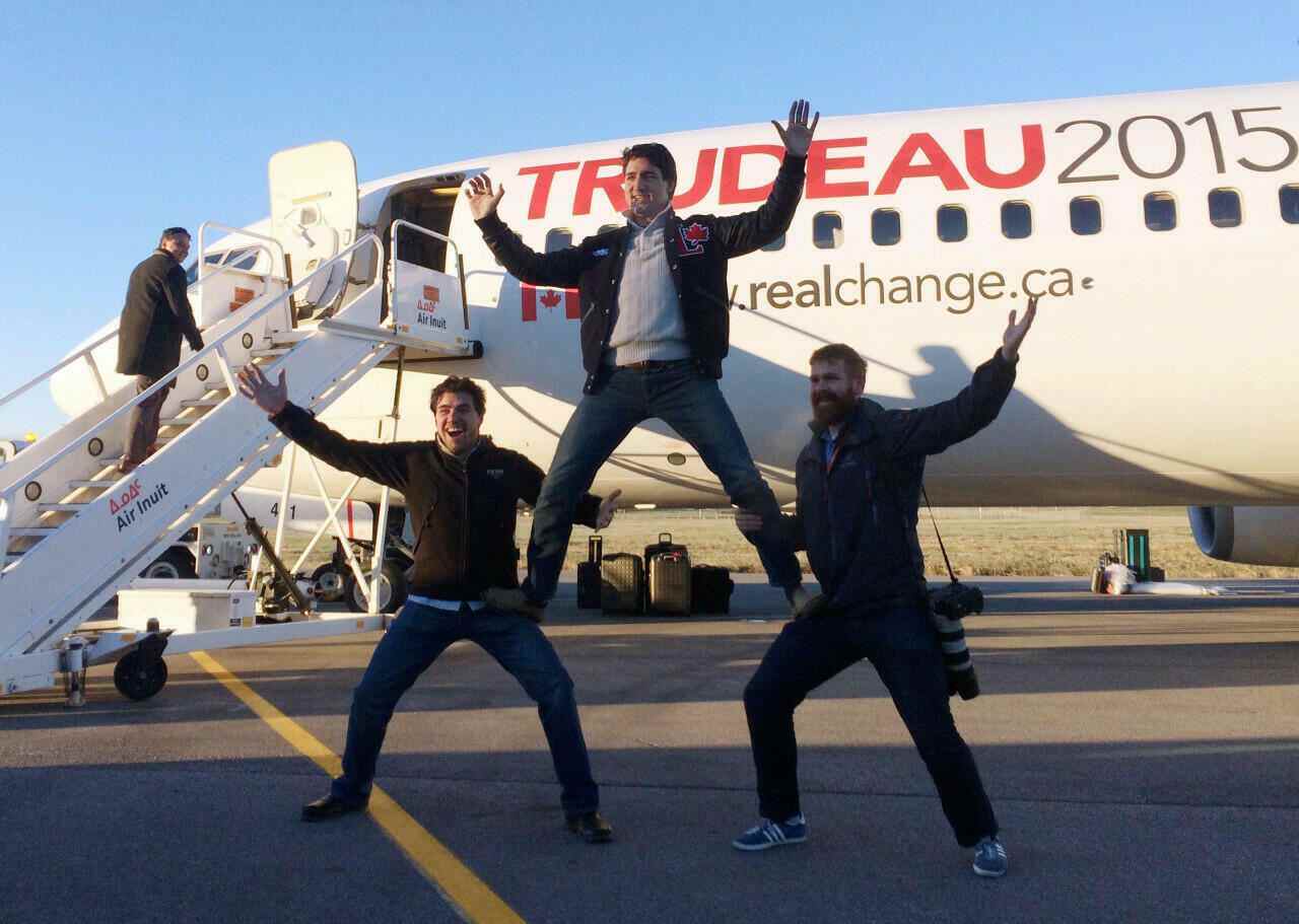 The mood on the campaign trail was far different in 2015 for Trudeau, shown here clowning around with campaign team members in Montreal on that Election Day, October 19, 2015.