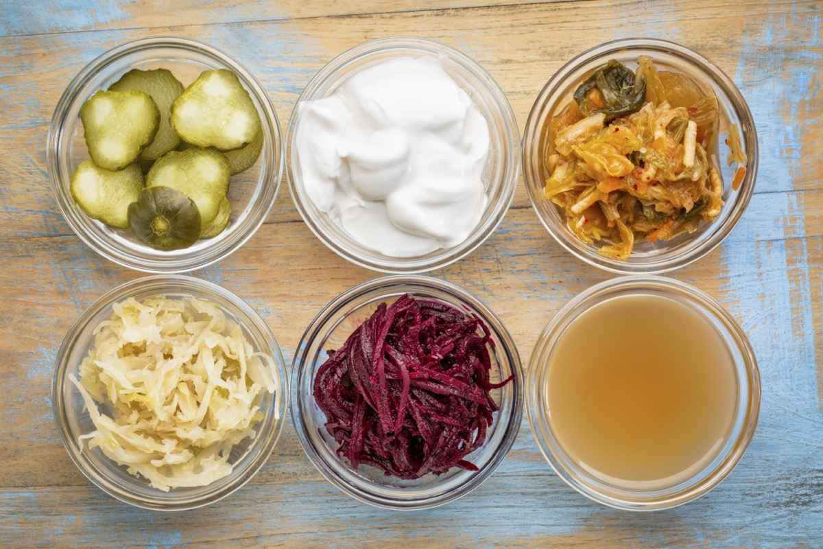 Glasschalen gegen Grunge-Holz: Gurkengurken, Kokosmilchjoghurt, Kimchi, Sauerkraut, Rote Bete, Apfelessig