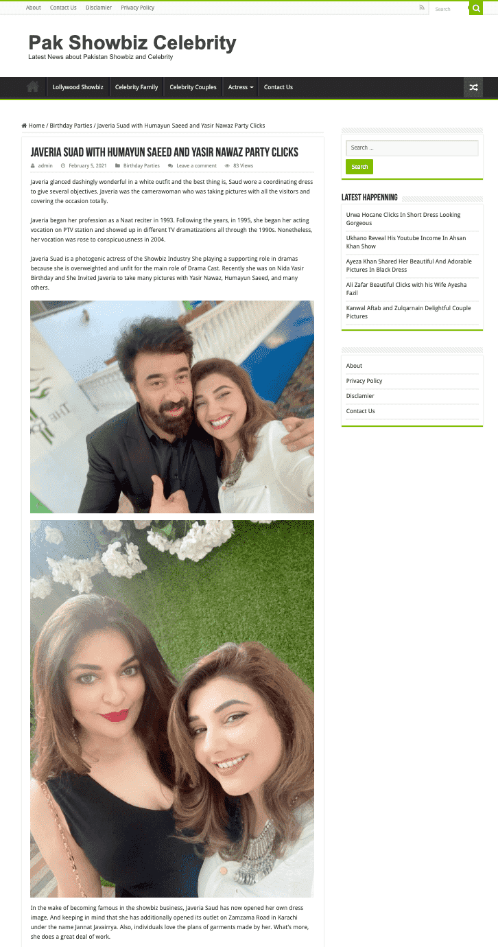 Diese Fotos auf einer pakistanischen Prominenten-Website zeigen den pakistanischen Schauspieler Yasir Nawaz mit der Schauspielerin Javeria Saud (oben) bei einer Geburtstagsfeier für Nawaz' Frau Nida Yasir (unten) im Januar 2021.