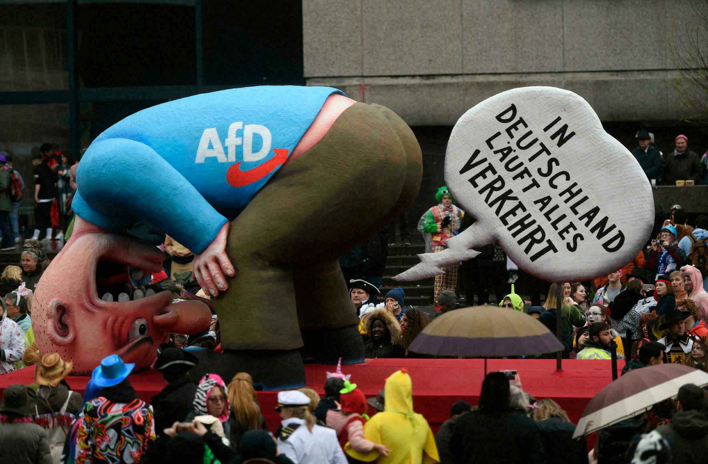 "In Deutschland steht alles Kopf," sagt ein Anhänger der rechtsextremen AfD bei einem Karnevalsumzug in Düsseldorf im Februar 2020.
