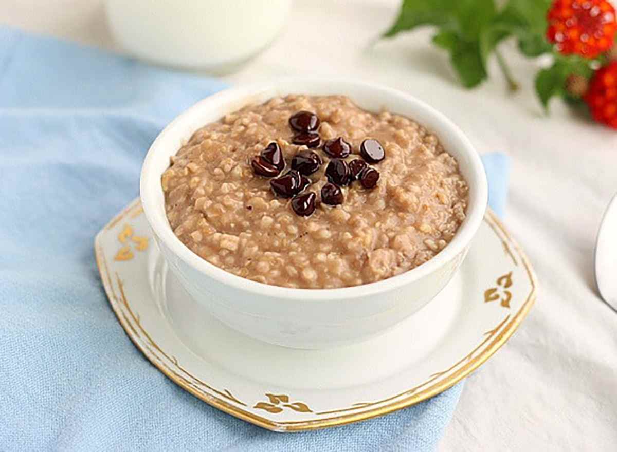 bowl of hot chocolate oatmeal prepared in slow cooker