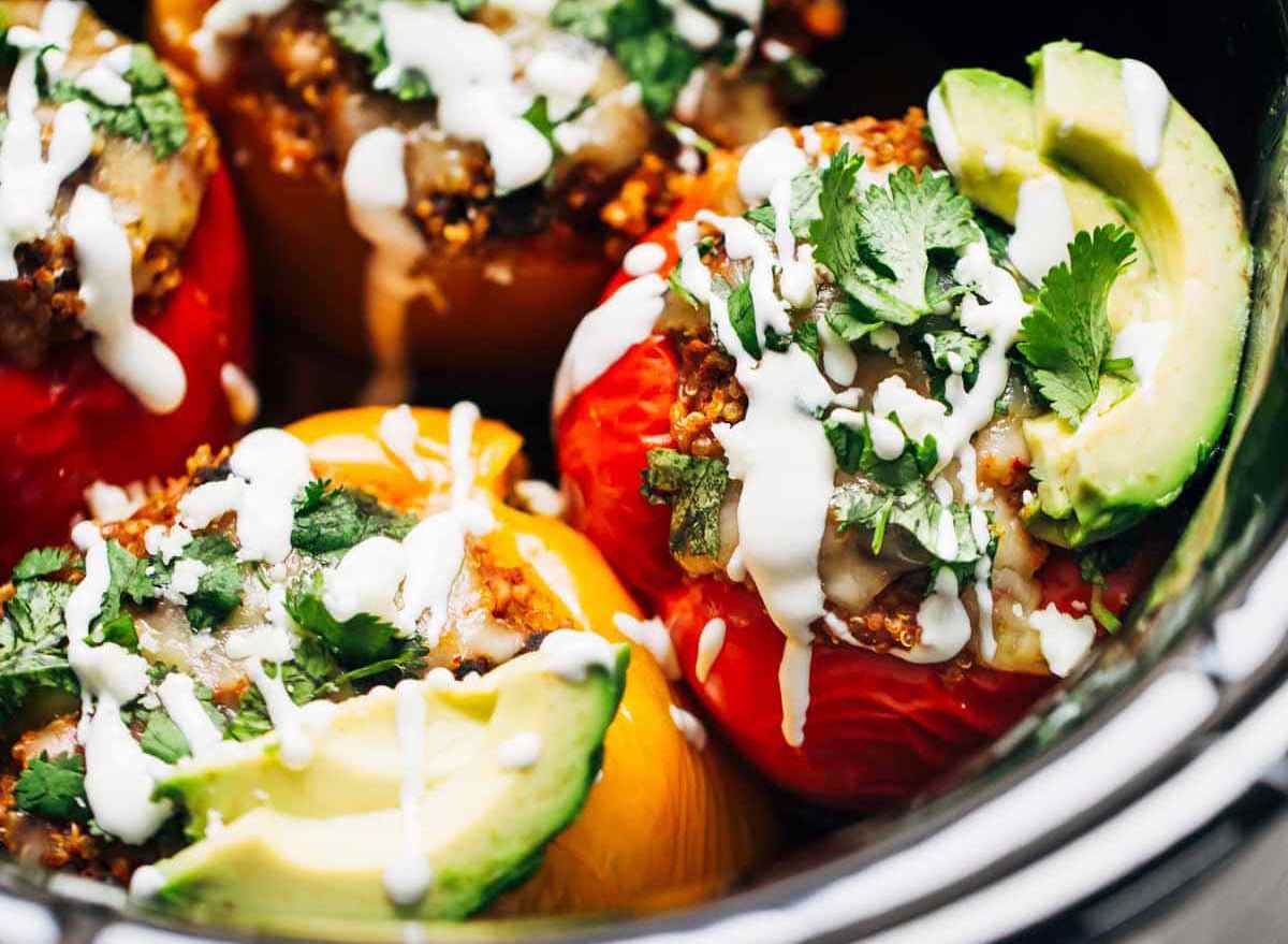 stuffed peppers with quinoa black beans cilantro and avocado in crock pot