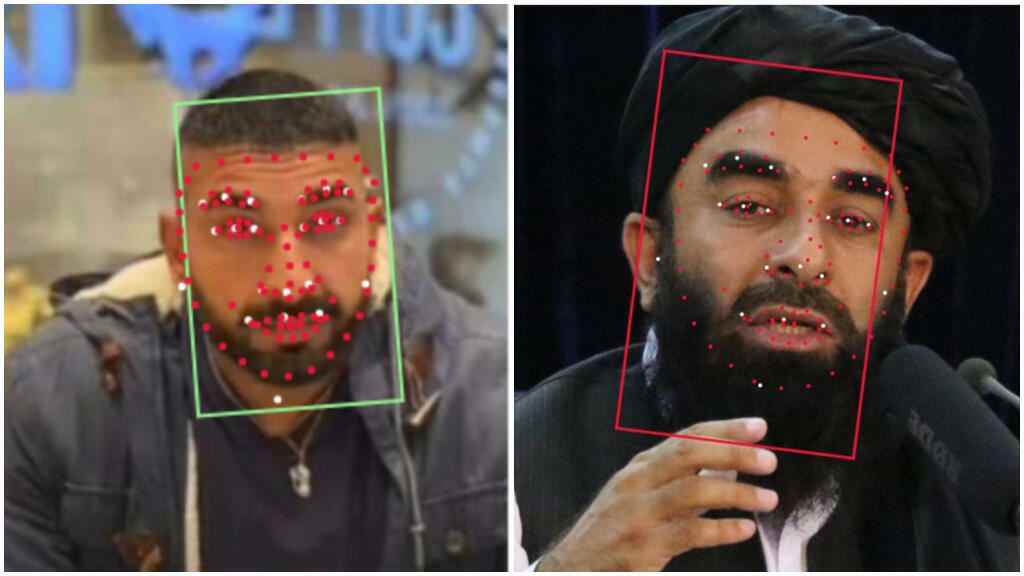 Der Vergleich eines authentischen Fotos des Taliban-Sprechers Zabihullah Mujahid (rechts) mit einem Foto eines unbekannten Mannes in einem Social-Media-Beitrag (links) zeigt, dass die beiden Männer laut dem Betaface-Gesichtserkennungstool unterschiedlich sind.  Tools wie Betaface und Microsofts Azure verwenden biometrische Messungen, um Gesichter zu vergleichen und zu unterscheiden.