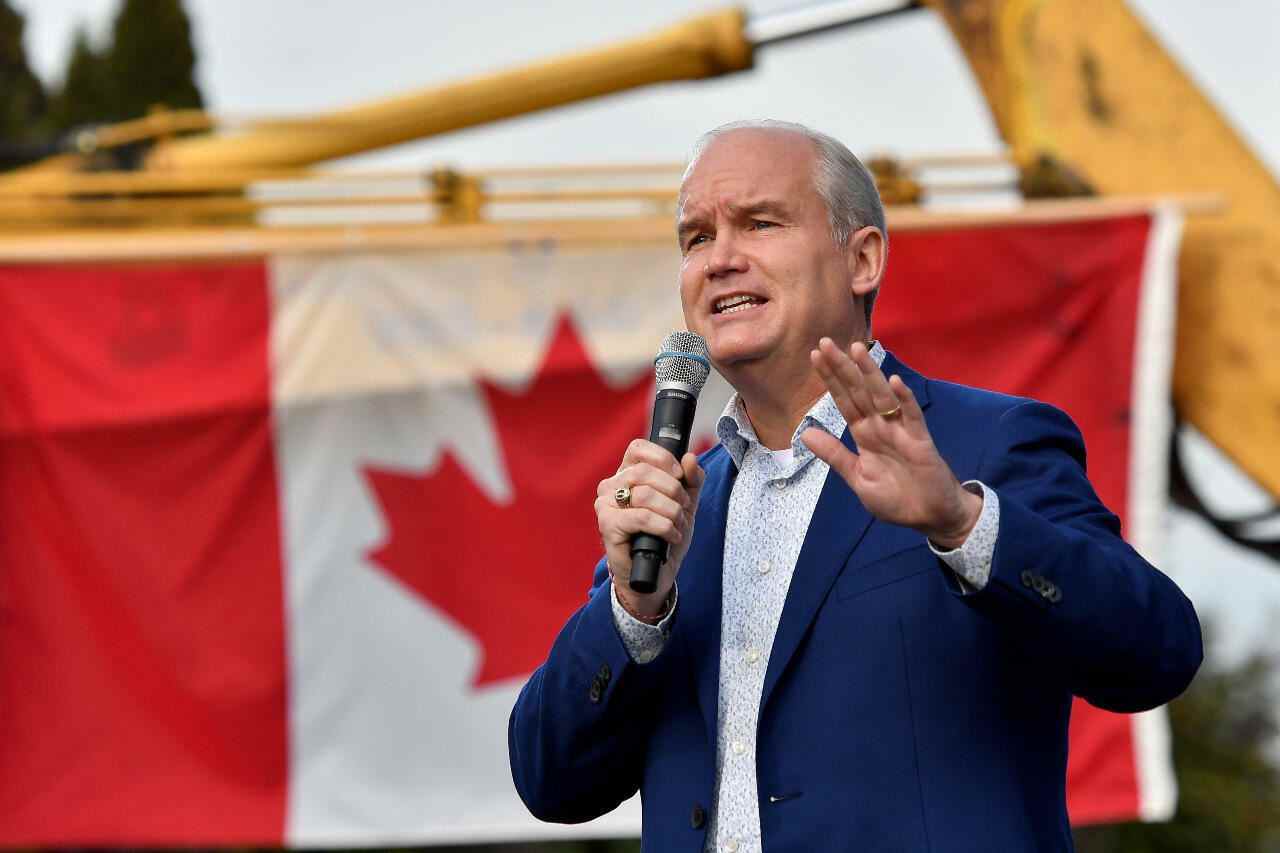 Conservative Party leader Erin O'Toole speaks to supporters during an election campaign visit to North Vancouver, British Columbia, Canada, on September 3, 2021.