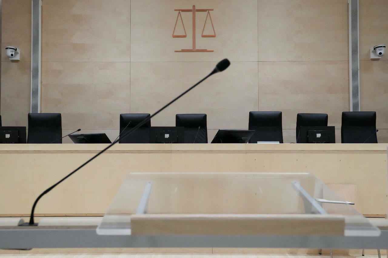 The desk in the courtroom specially built for the Paris attacks trial pictured on September 2, 2021, at the court house in Paris.