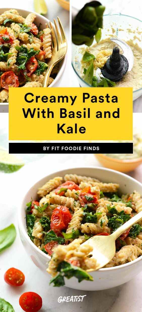 Cremige Pasta mit Basilikum und Grünkohl