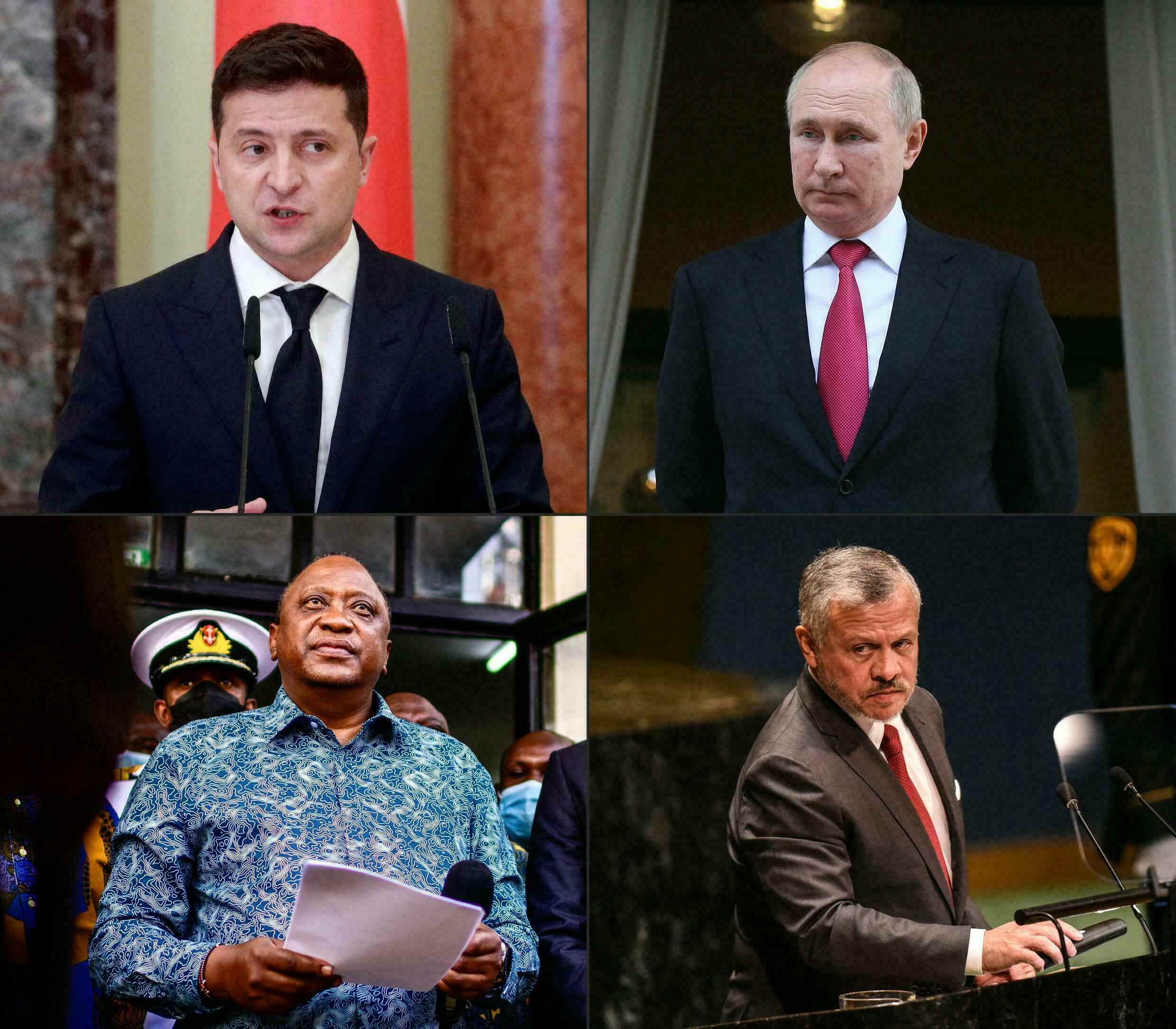 Oben links: Der ukrainische Präsident Wolodymyr Selenskij;  oben rechts: russischer Präsident Wladimir Putin;  unten links: Kenias Präsident Uhuru Kenyatta;  unten rechts: König Abdullah II. bin Al Hussein von Jordanien.