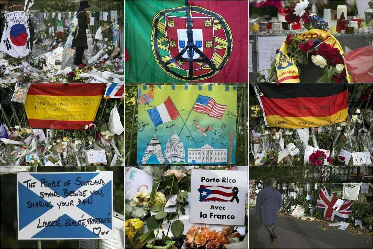 A combination of pictures from November and December 2015 shows foreign tributes at a makeshift memorial near the Bataclan concert hall in tribute to the victims of November 13 terror attacks in Paris. (From top L) A flag of South Korea, a flag of Portugal, a Romania scarf, a flag of Spain, a child's drawing with the national flag of France (L) and the national flag of United States, a flag of Germany, a flag of Scotland, a placard bearing the Puerto Rico national flag and reading "Puerto Rico with France", and a British Union Jack flag.