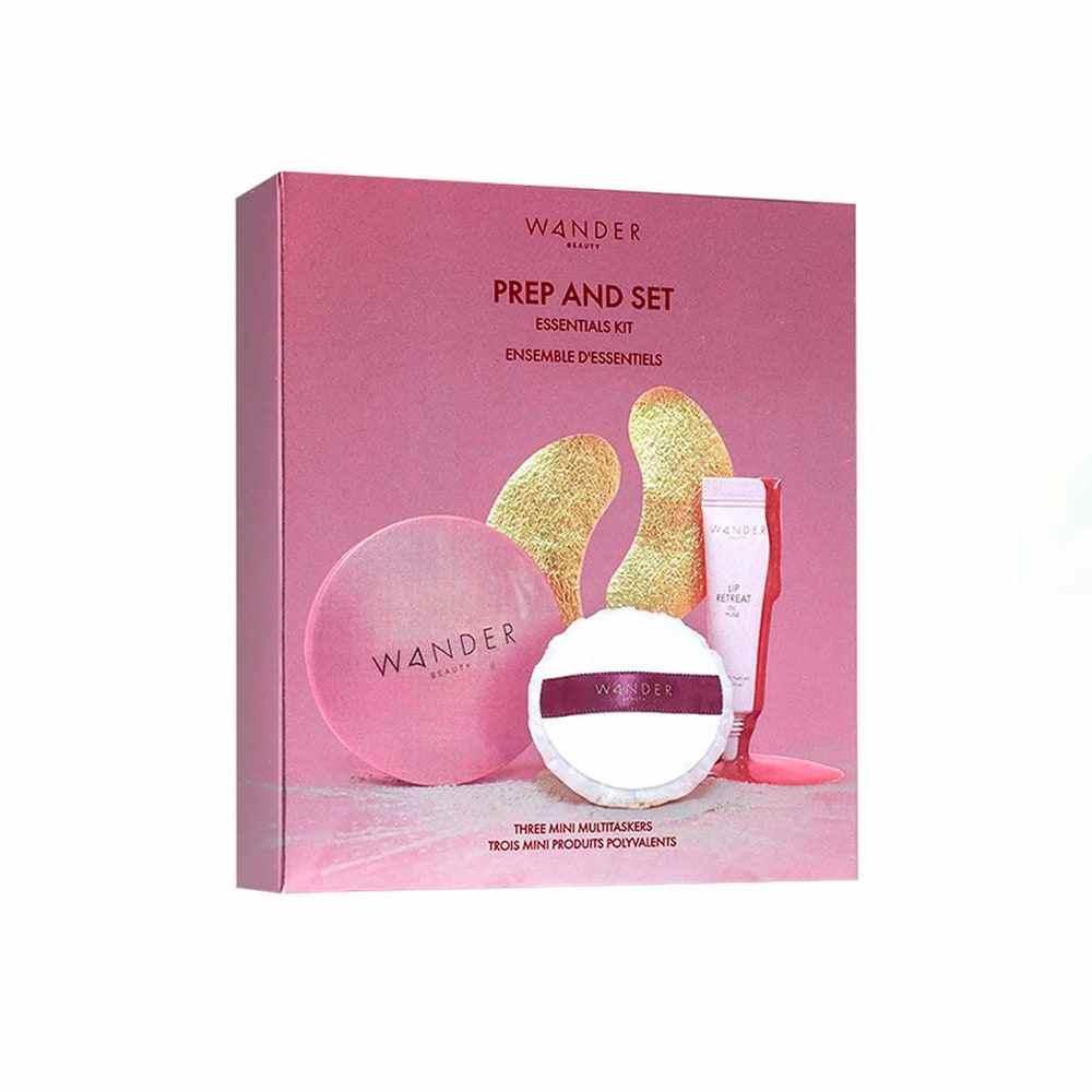 Wander Beauty Prep & Set Travel Size Essentials Set in rosa Box auf weißem Hintergrund