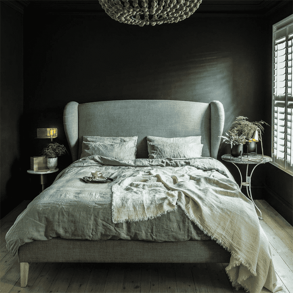 Green bedding set on a gray bed