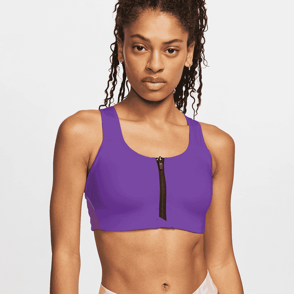Purple zip-up sports bra on model