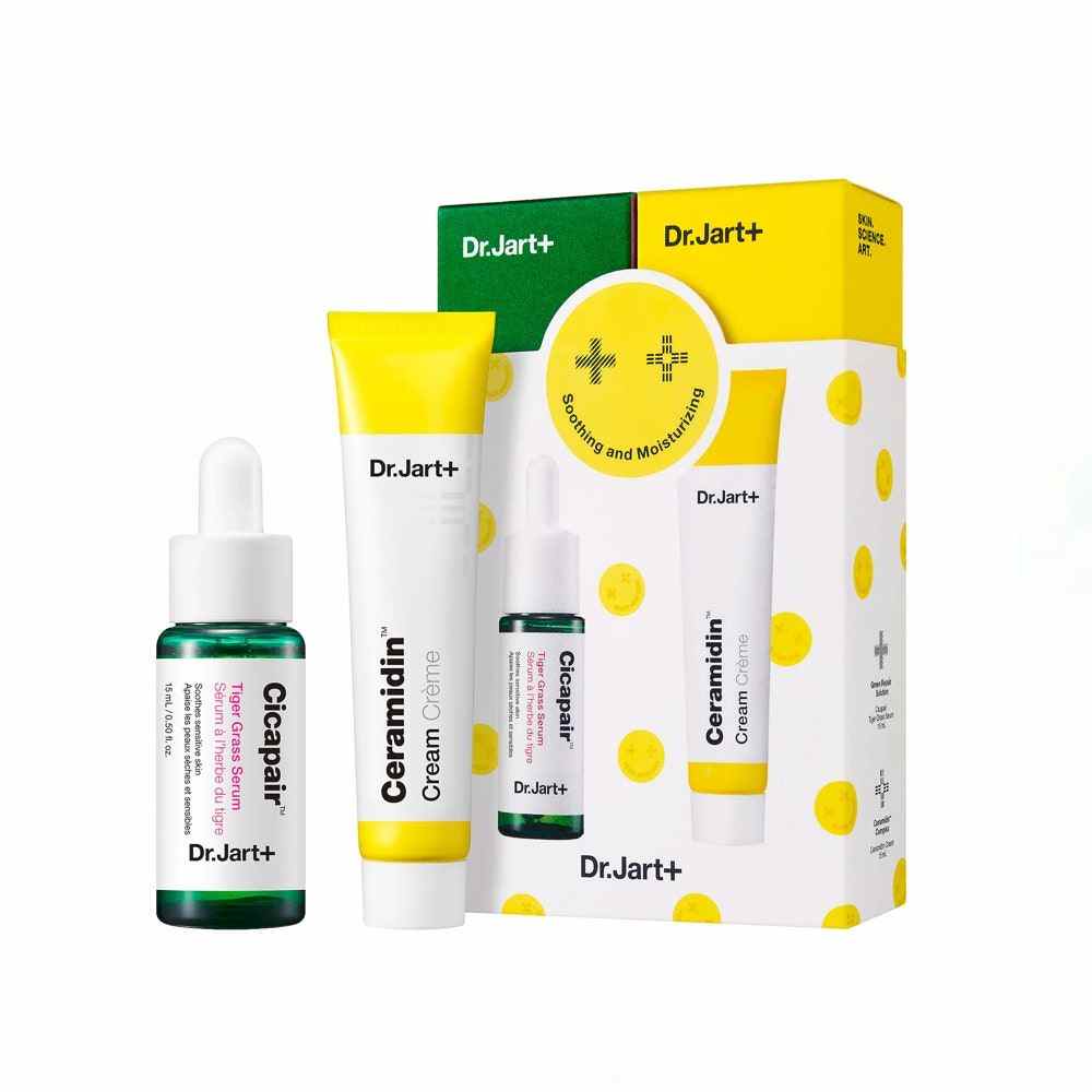 Dr. Jart+ Soothing and Moisturizing Mini Duo in green and yellow packaging