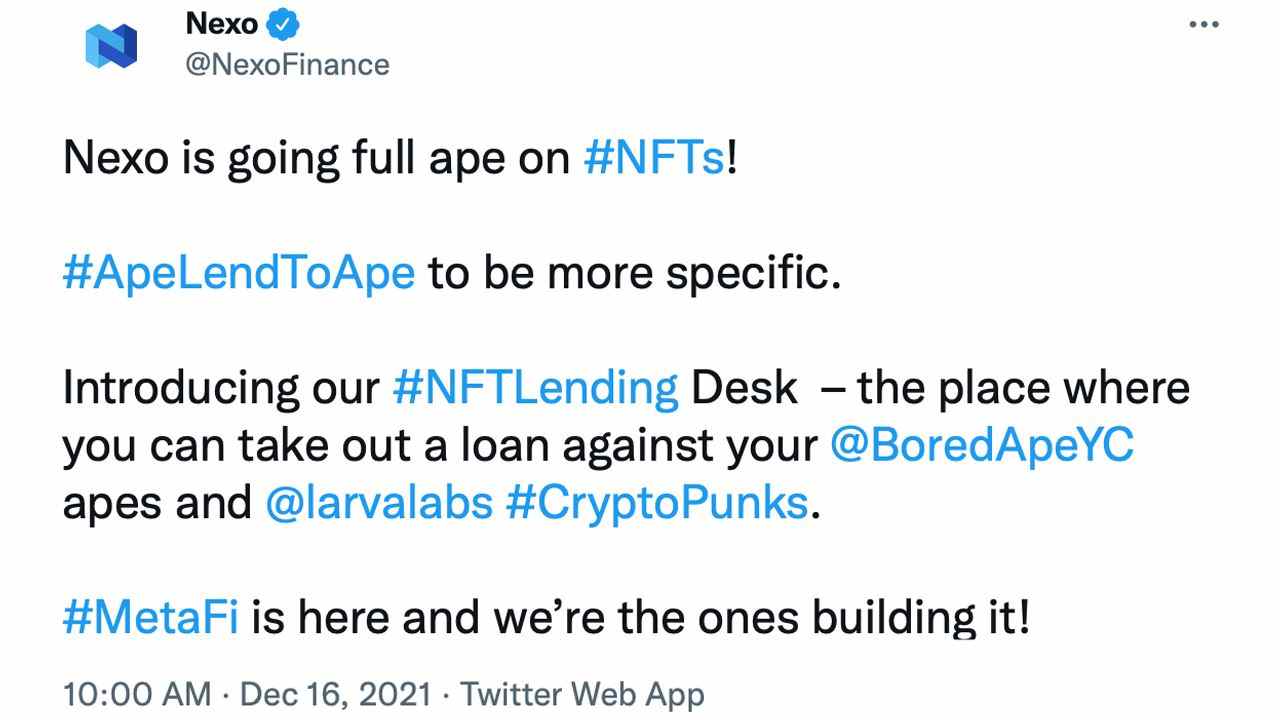 Crypto Lender Nexo führt NFT Lending Desk ein, Darlehen bis zu 20% für beliebte NFTs