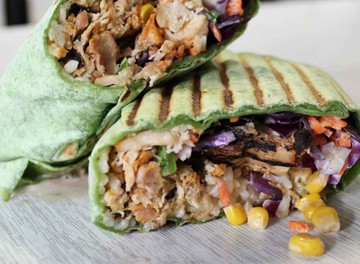 miso wrap with spinach tortilla and vegetable filling