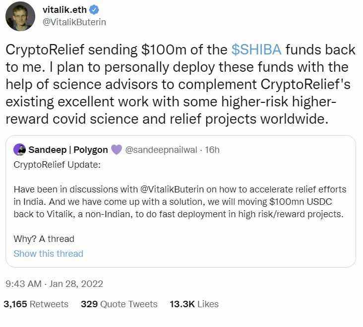 Vitalik Buterin verwendet 100 Millionen US-Dollar aus den SHIB-Fonds von Crypto Relief, um die Covid-Hilfsbemühungen in Indien zu beschleunigen
