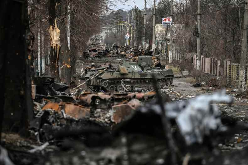Zerstört, gepanzert, Fahrzeuge, Kiew, Ukraine, Russland, Krieg