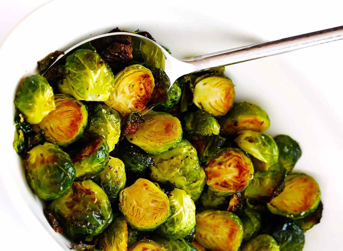 roasted brussels sprouts in serving dish