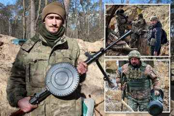 Mit Maschinengewehren aus dem 2. Weltkrieg bewaffnete britische Kämpfer schließen sich den ukrainischen Truppen in Schützengräben an