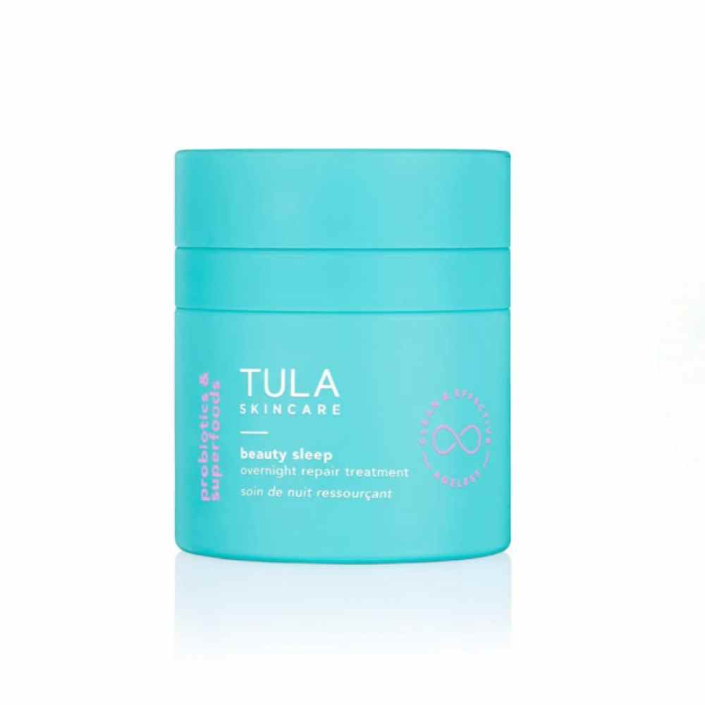 Tula Beauty Sleep Overnight Repair Treatment in blue jar on white background