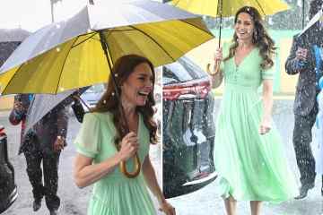 Kate Middleton strahlt übers ganze Gesicht, als der Regen während eines Schulbesuchs auf den Bahamas niederprasselt