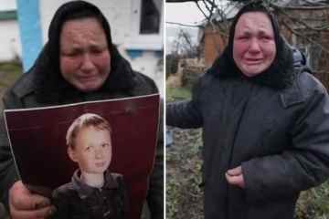 Am Boden zerstörte Mutter weint über Grab, das sie für ihren 27-jährigen Sohn gegraben hat, der von russischen Truppen erschossen wurde
