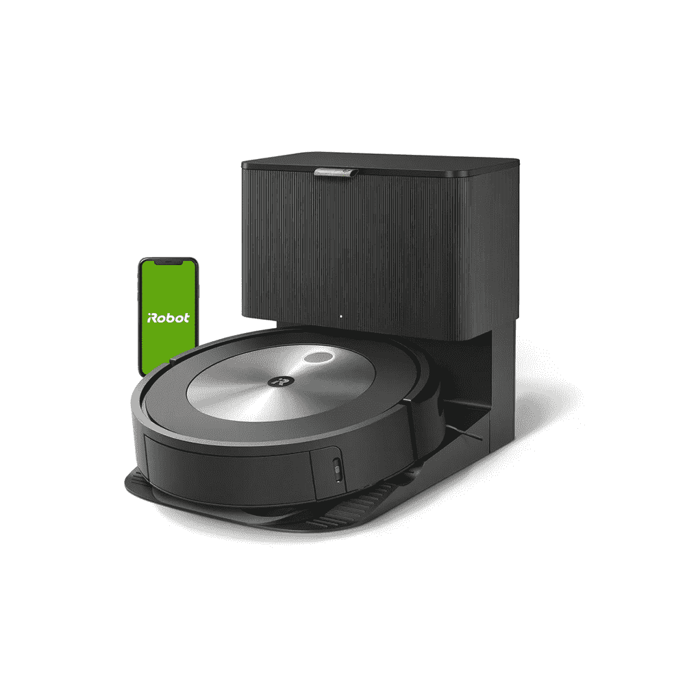 Roomba Staubsauger und Dockingstation mit Telefon auf weißem Hintergrund