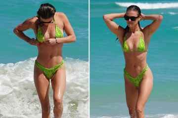 Nina Agdal zeigt ihre getönten Bauchmuskeln in einem limonengrünen Bikini