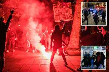 Bereitschaftspolizisten klagen Demonstranten an und nach Macrons Sieg bricht in Paris Gewalt aus
