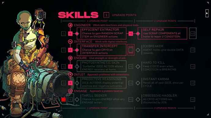 Citizen Sleeper review - the skill tree screen, character art on the left, five skills with two passives each filling the screen centre-right