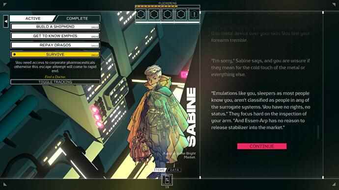 Citizen Sleeper review - dialogue with a doctor called Sabine, their character art left, dialogue right as they discuss medicine with you. Top left, your Drives tab is open showing a drive to get medicine from a doctor.