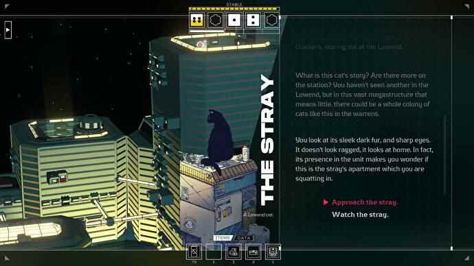 Citizen Sleeper review - dialogue screen with a cat, just known as The Stray, and a choice to approach it or stay away.