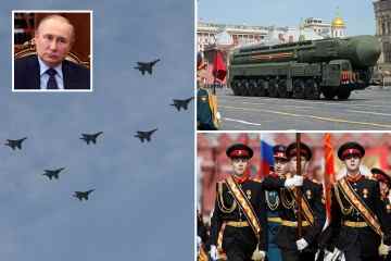 Russische Kampfjets bilden ein widerliches Z-Symbol, während Putin seine Atomwaffen vorführt