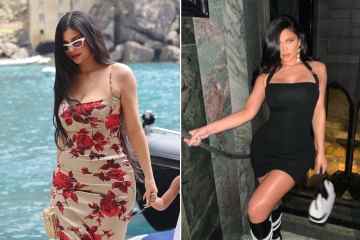 Kylie verblüfft in einem schwarzen Minikleid und einem geblümten Yacht-Look für das Hochzeitswochenende