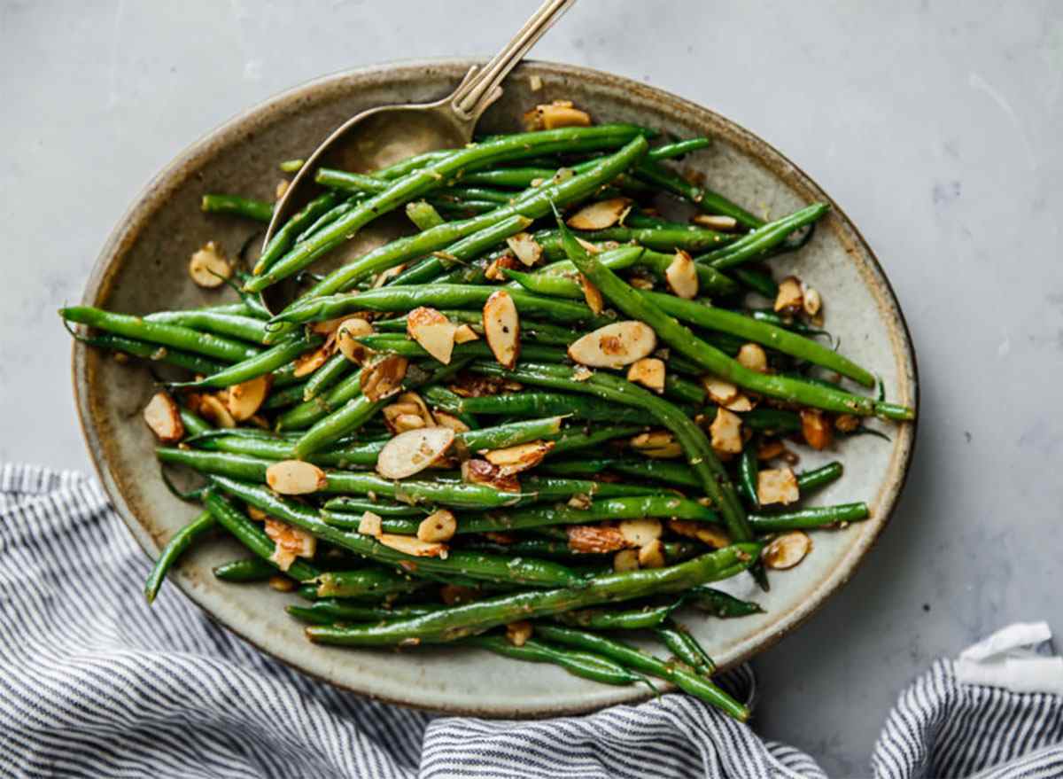 green beans almondine on serving platter