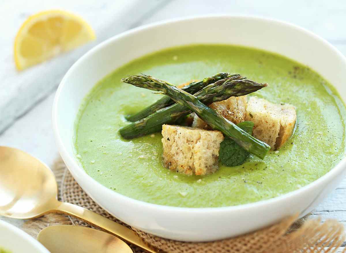 asparagus pea soup in bowl