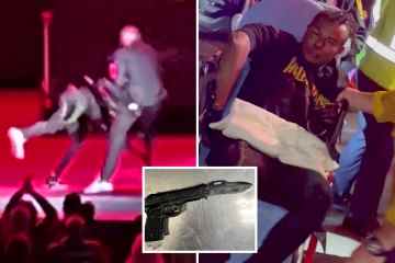 Schockbilder von Waffen- und Klingenverdächtigen, mit denen Dave Chappelle auf der Bühne angegriffen wurde