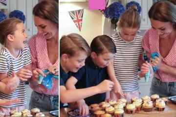 Kate Middleton kichert, als sie mit ihren Kindern Jubiläumskuchen in Jeans backt