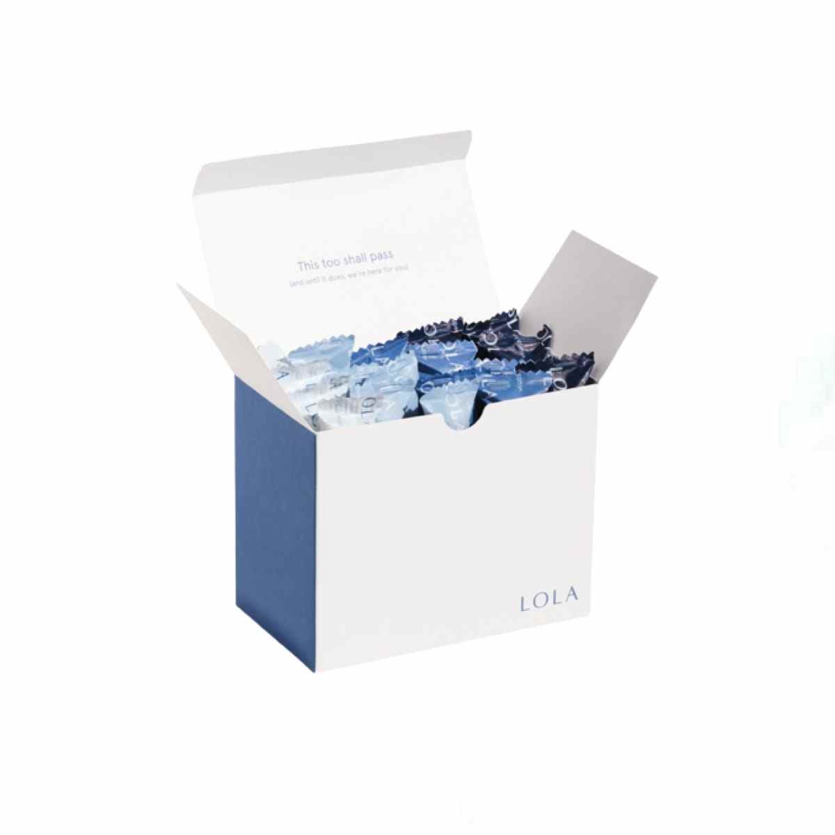 Blaue Lola Compact Plastic Applicator Tampons in weißer Box 