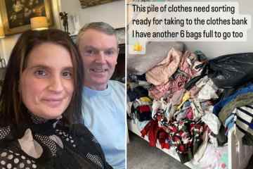 Die 22-jährige Mutter Sue Radford räumt einen großen Kleiderhaufen auf und spendet 6 WEITERE Taschen