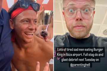Joe Swash wickelt einen wilden Hirsch ein, als zerschmetterte Promi-Freunde am Flughafen von Ibiza ankommen