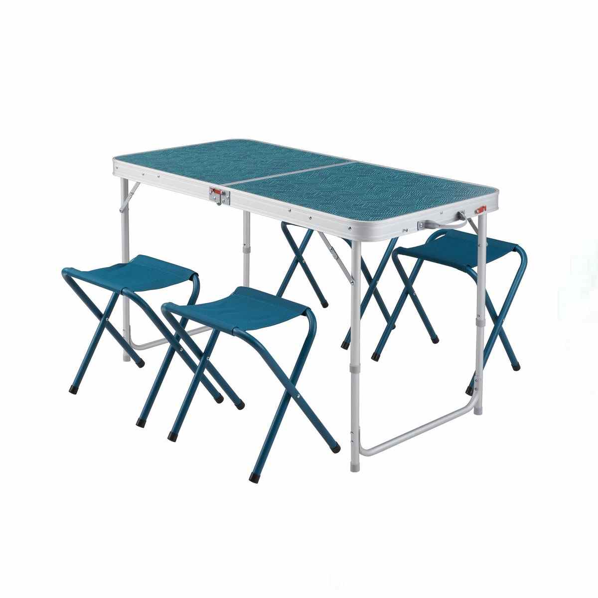 Turquoise and silver Decathlon Camping Folding Table with four stools on white background