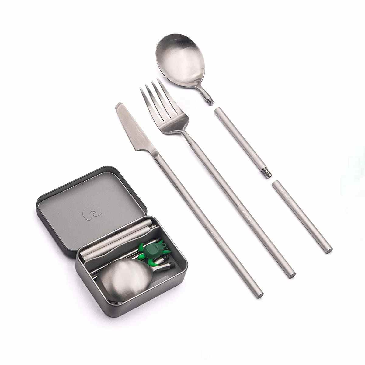 Outlery Stainless Steel Travel Cutlery Set with travel case on white background