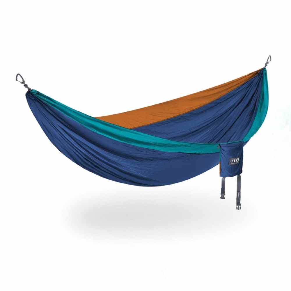 Blue, turquoise and brown ENO DoubleNest Hammock on white background