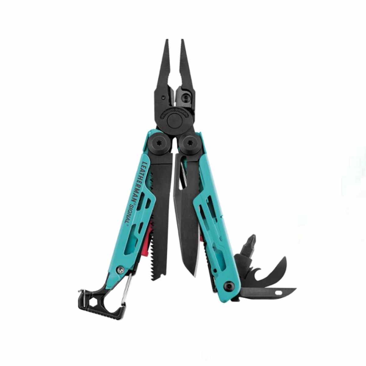 Turquoise and black Leatherman Signal Colors Multi-Tool on white background