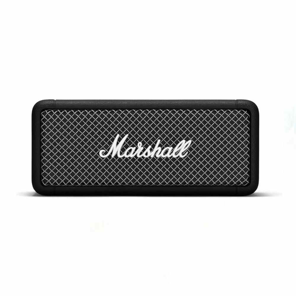 Schwarzer Marshall Emberton tragbarer Bluetooth-Lautsprecher auf weißem Hintergrund