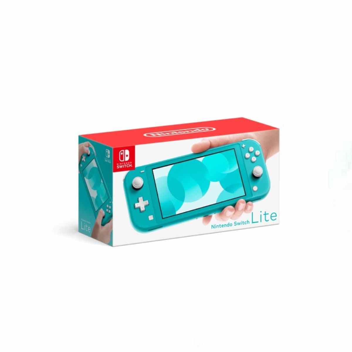 Türkis Nintendo Switch Lite Console Verpackung auf weißem Hintergrund
