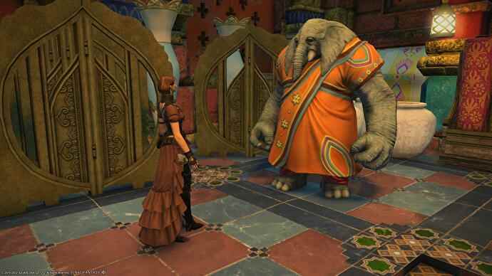 FF14 State of the Game – Der Spieler im Inneren spricht mit einem humanoiden Elefanten, der eine orangefarbene Robe trägt