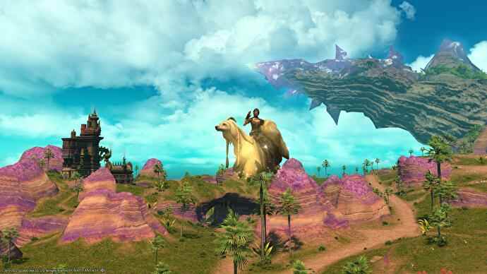 FF14 State of the Game – der Spieler winkt in die Kamera, während er auf einem fliegenden, geflügelten Hundewesen reitet