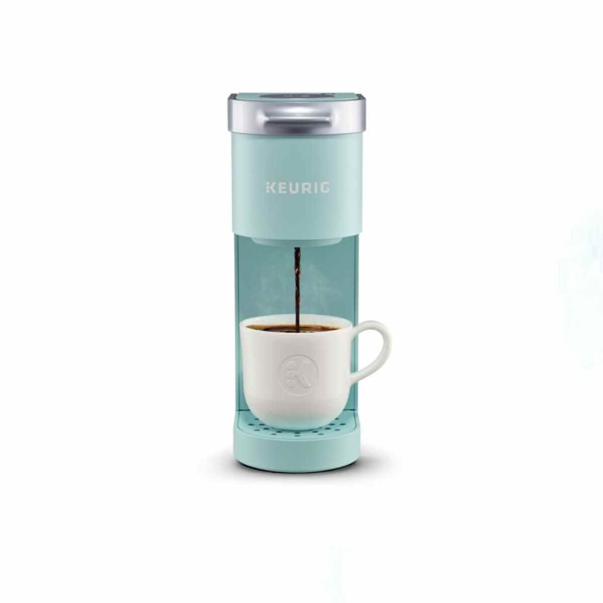 Blaue Keurig K-Mini Single Serve Kaffeemaschine auf weißem Hintergrund